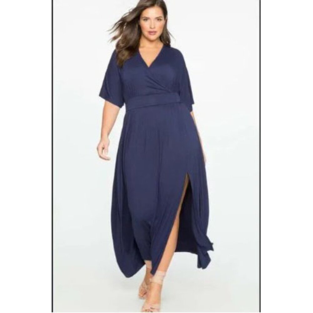 Eloquii Navy Faux Wrap V Neck Stretch Knit Maxi Dress, Size 14/16